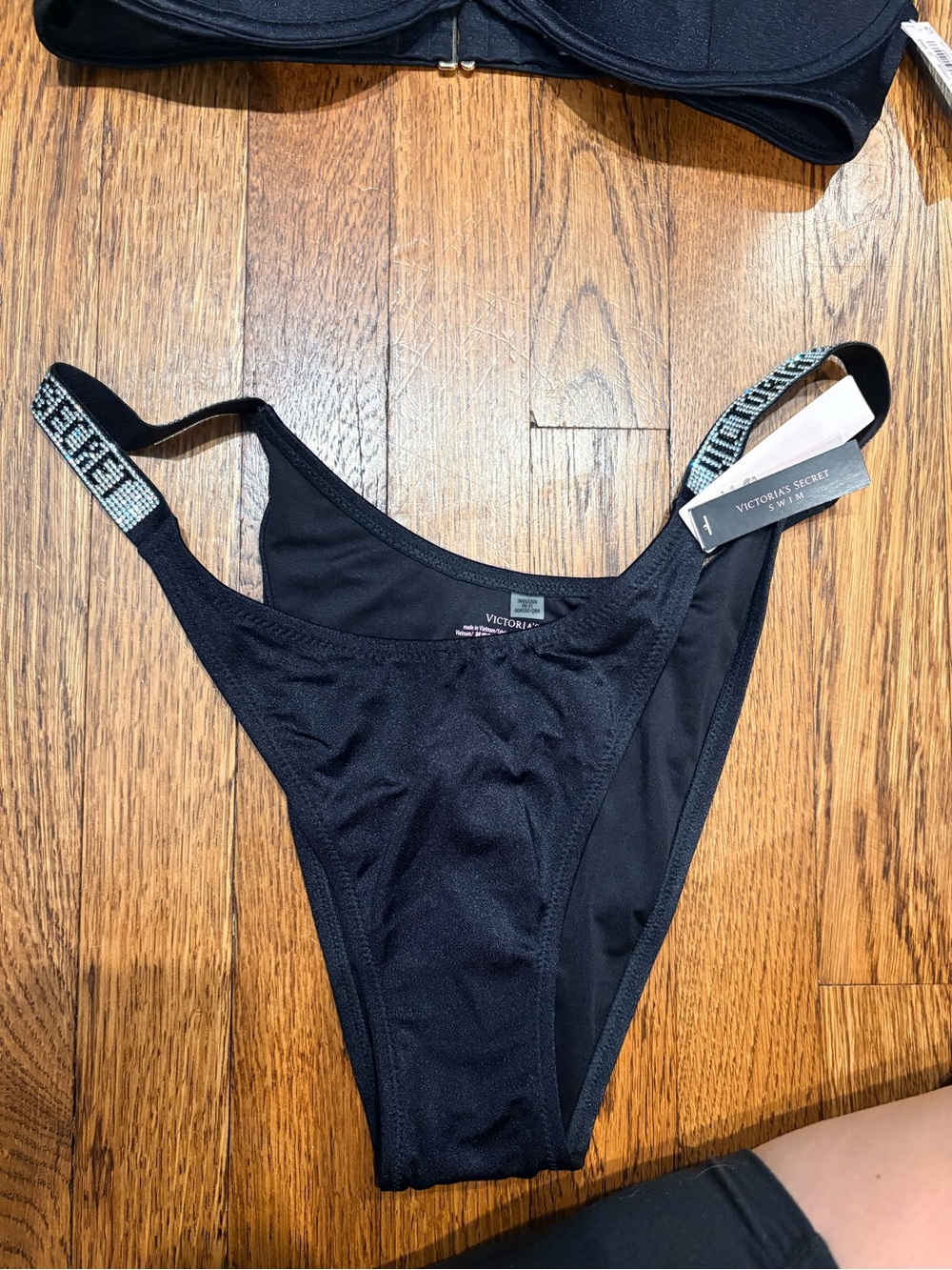 Victoria's Secret Black Ribbed Bikini Bottom with Logo Straps